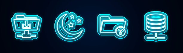 设置行FTP文件夹下载，月亮和星星，未知目录和服务器，数据，Web托管。发光的霓虹灯图标。向量图片下载