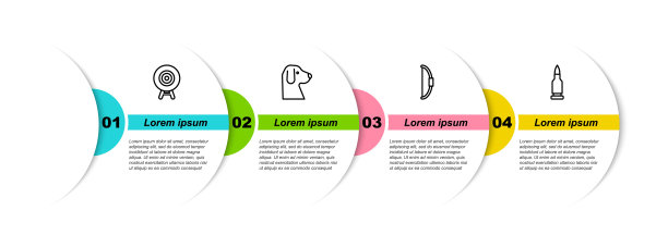 设定线目标运动，狗，弓和子弹。业务信息模板。向量图片下载