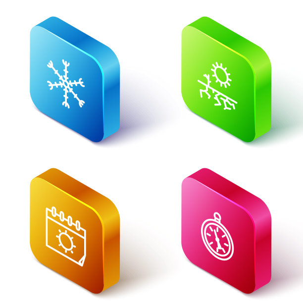 设置等距线雪花，干旱，日历和太阳和指南针图标。向量图片下载