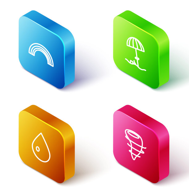 设置等距线彩虹，太阳保护伞为海滩，水滴和龙卷风图标。向量图片下载