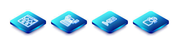 设置等距线示波器，音乐录音棚，立体声扬声器和Man耳机图标。向量图片下载