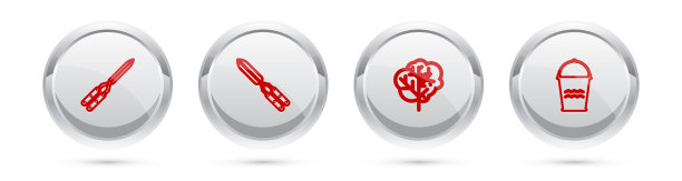 园艺手工剪刀，树和桶。银圈按钮。向量图片下载