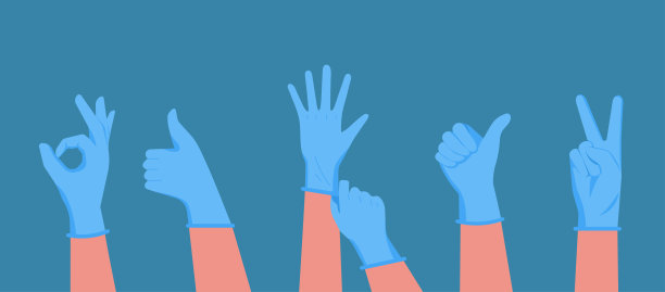 人的双手戴医用防护蓝色橡胶手套，以防止病毒和细菌的概念图片下载