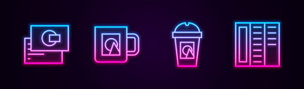 设行名片，咖啡杯，去和宣传册。发光的霓虹灯图标。向量图片下载