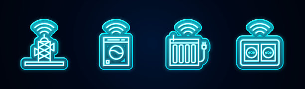 设无线天线、智能洗衣机、暖气散热器、电源插座。发光的霓虹灯图标。向量图片下载