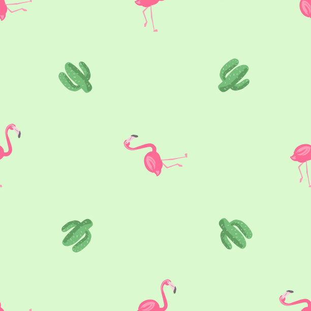 无缝模式与粉红色火烈鸟和绿色仙人掌在光的背景图片下载