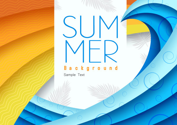 夏季背景抽象矢量设计。夏季背景文字在白色的空间用彩色的海水波浪纸切割形状背景为热带季节图形风格。图片下载