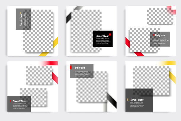 可编辑的现代最小方形横幅模板。黄色，红色，黑色和白色背景颜色与梯度三角形形状。适合社交媒体和网页/网络广告与照片拼贴。图片下载