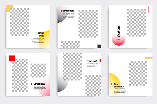 可编辑的现代最小方形横幅模板。黄色，红色，黑色和白色的背景颜色与梯度圆形形状。适合社交媒体张贴和网页/互联网广告与照片拼贴目录布局。图片下载