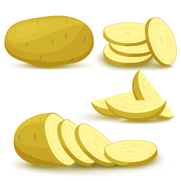 一套完整的土豆，土豆切成两半并切片。各种蔬菜的新鲜卡通孤立在白色背景，用于杂志，书籍，海报，明信片，菜单封面，网页。图片下载