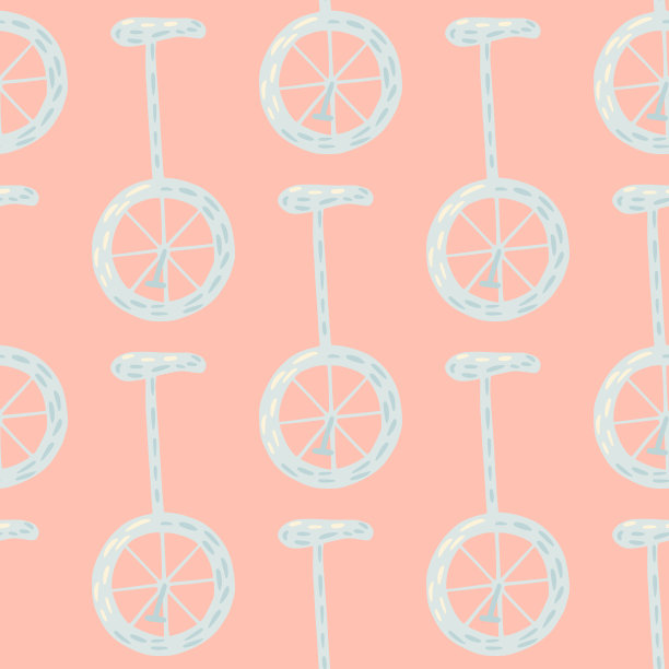 轻色调无缝图案与简单的自行车装饰。粉红色的背景。创意涂鸦马戏团印刷。图片下载