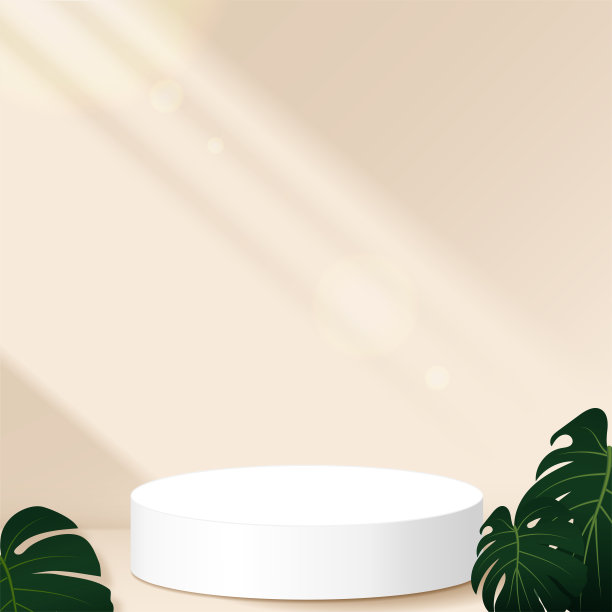 白色舞台台子，用于产品展示、广告、展示，放置在房间内。窗户的影子。阳光,背景。平台底座装饰有绿色热带植物。最小的风格。矢量插图。图片下载