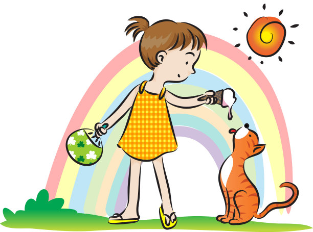 矢量卡通女孩在夏天和猫吃冰淇淋图片下载