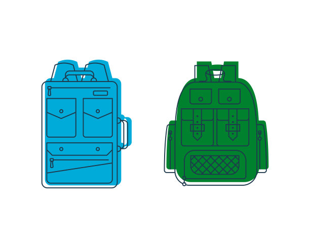 带有口袋和拉链元素的背包或书包。教育和学习背包是学生和旅行的标志。旅游袋。前视图。平面线艺术插图孤立在白色背景图片下载