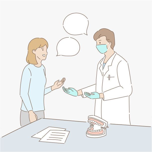 病人正在向牙医咨询治疗方法，桌上有文件和牙齿模型。图片下载