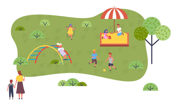 孩子们在操场上玩耍，女孩在跳跃，男孩在打球。现代幼儿园的孩子们图片下载