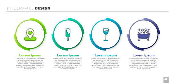 用心、冰淇淋、酒杯和浪漫的浴室来设置地点。业务信息模板。向量图片下载
