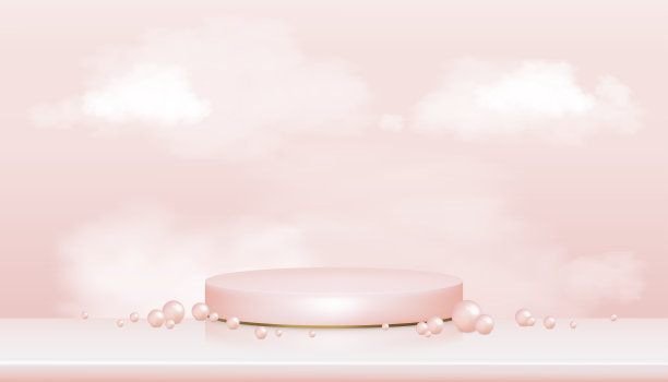 3D展示与珍珠和蓬松的云在粉红色的蜡笔和金黄色的立场，向量现实讲台上粉红色的天空背景，插图展示模拟化妆品或美容产品图片下载