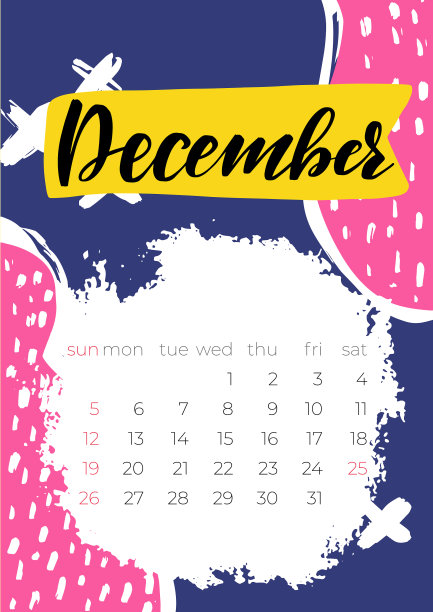 手绘2021年12月英语日历图片下载