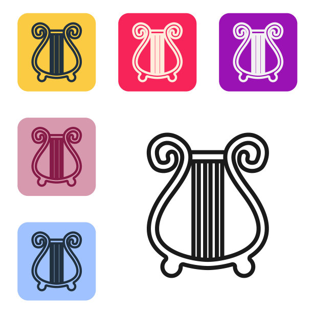 黑色线条古希腊竖琴图标孤立在白色背景上。古典乐器，管弦乐队弦乐器的原声元素。设置图标的颜色方形按钮。向量图片下载