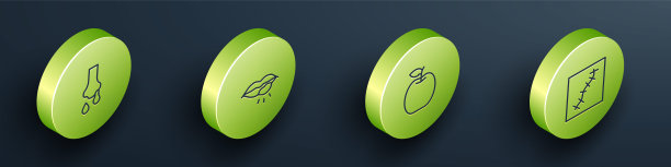 设置等距线流鼻涕，唇疱疹，苹果和疤痕与缝线图标。向量图片下载