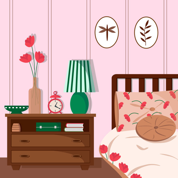 卧室室内粉红色的插图。图片下载