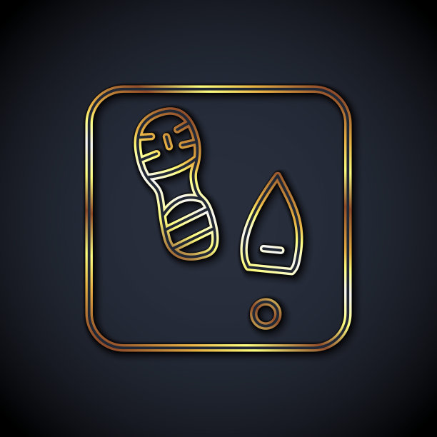 金线人类脚印鞋图标隔离在黑色背景。鞋鞋底。向量图片下载