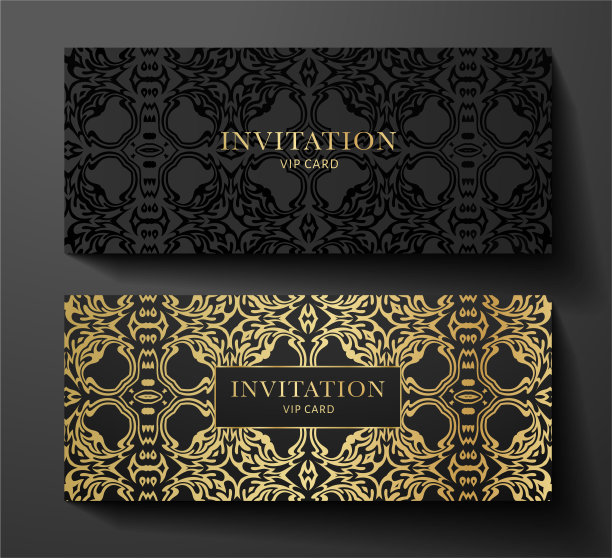 高级贵宾邀请模板与复古曲线金色装饰(图案)在黑色背景图片下载