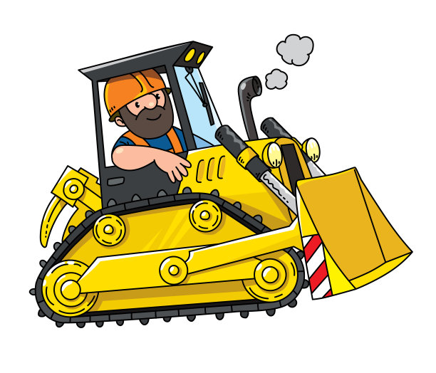 建筑工人在推土机里。矢量动画图片下载