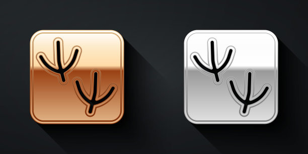 金色和银色的鸽子爪子脚印图标孤立在黑色的背景。长长的阴影风格。向量图片下载