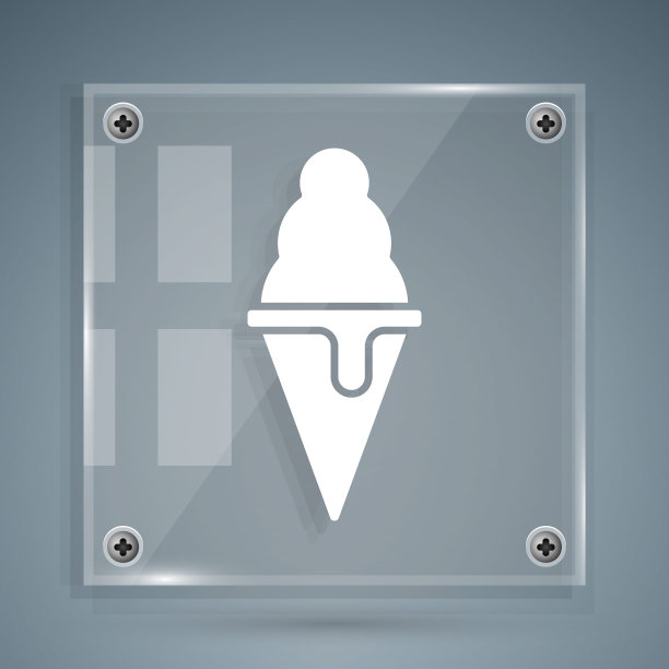 白色的华夫蛋筒冰淇淋图标孤立在灰色背景。甜蜜的象征。方形玻璃面板。向量图片下载