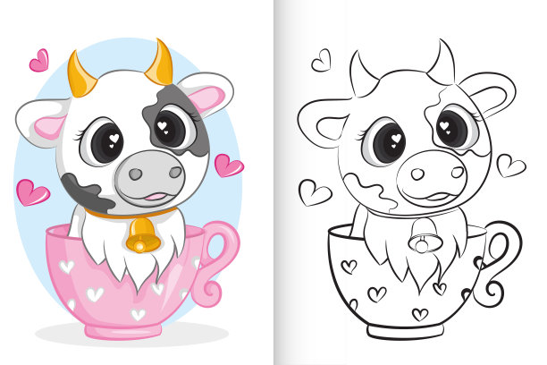 可爱的奶牛在粉红色的杯子。学龄前儿童的涂色书。图片下载