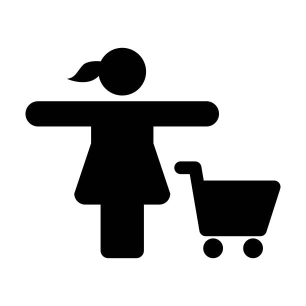 购物图标向量女性人与购物车符号在一个平坦的颜色字形象形图图片下载
