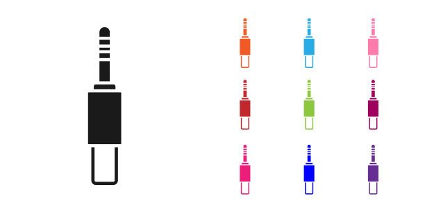黑色音频插孔图标孤立在白色背景上。用于连接音响设备的音频电缆。插线。乐器。设置图标丰富多彩。向量图片下载