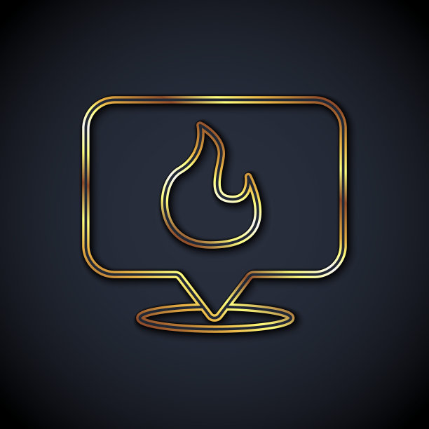 金色线地图指针与火焰火焰图标隔离在黑色背景。火附近。向量图片下载