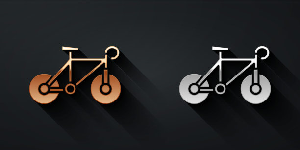 黑色背景上隔离的金银自行车图标，自行车比赛，极限运动，运动器材，长阴影风格，矢量图图片下载