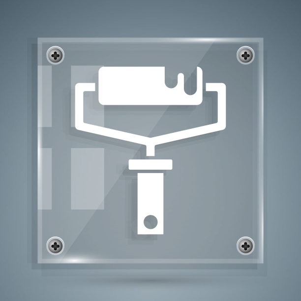 白色油漆滚筒刷图标孤立在灰色背景。方形玻璃面板。向量图片下载