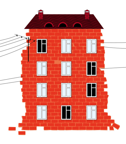 有瓦片屋顶、烟囱和电线的旧砖房。在白色背景上隔离图片下载
