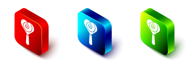 等距棒棒糖图标孤立在白色背景。食物,美味的象征。红色，蓝色和绿色的方形按钮。向量图片下载