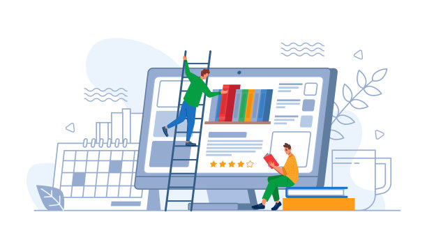 数字在线教育应用程序或应用程序，人在电脑屏幕上选择新书。向量学生字符学习在线上在家智能手机。词典百科全书，网络档案图片下载