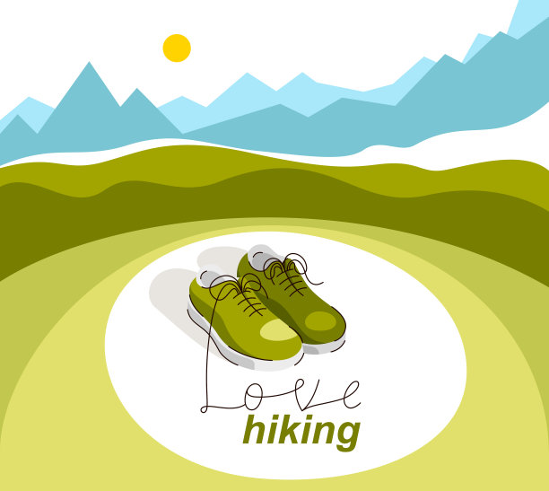 运动鞋在自然背景与字母矢量概念插图徒步旅行或旅行，积极的生活方式，户外旅行。图片下载