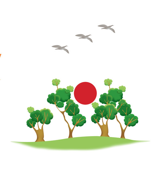 有绿色猴面包树和候鸟的大草原。沙漠的红日。幽默插图图片下载