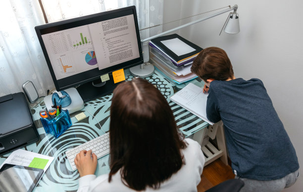 母亲在家远程工作，而她的儿子学习图片下载