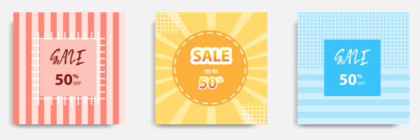 三套出售方形横幅。抽象平面设计风格模板。适合在社交媒体、博客、网站等进行广告推广。图片下载