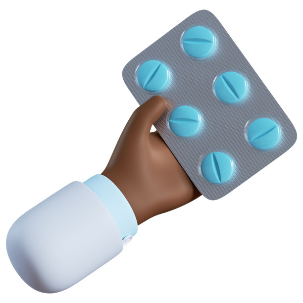 3 d渲染。包装药丸图标。医生或药剂师卡通手与黑色皮肤拿着药物。医疗保健插图。医药剪辑艺术孤立的白色背景图片下载
