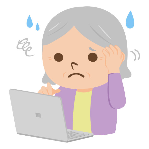 老年人的插图。上了年纪的妇女在使用笔记本电脑时遇到了麻烦。图片下载