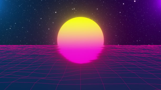 带有大太阳的波纹霓虹网格，计算机生成。3d渲染背景图片下载