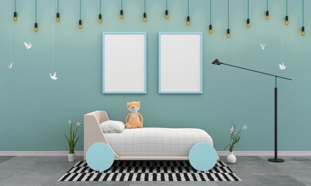 儿童卧室柔和的色调风格和框架模型3d渲染图片下载