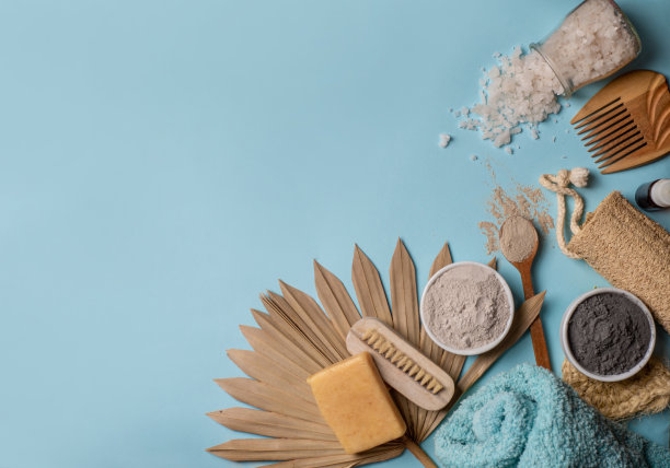 水疗概念。身体护理的有机物品。平躺与文本空间图片下载