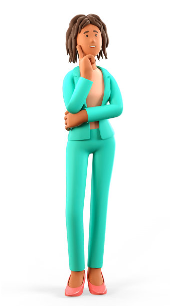 3D插图的困惑思考非洲裔美国妇女向上看。可爱的卡通站着沉思的女商人解决问题，孤立的白色。图片下载